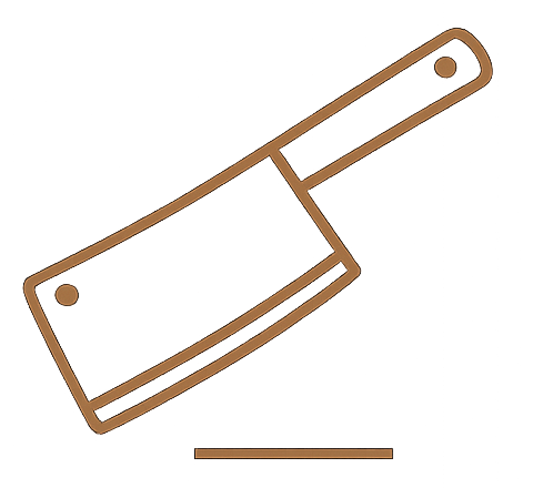 Line illustration of a butcher's cleaver above a brass rule